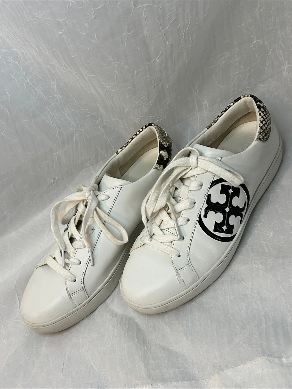 Tory Burch Leigh White Leather Sneakers with Black T Logo and Snake-Print Heel